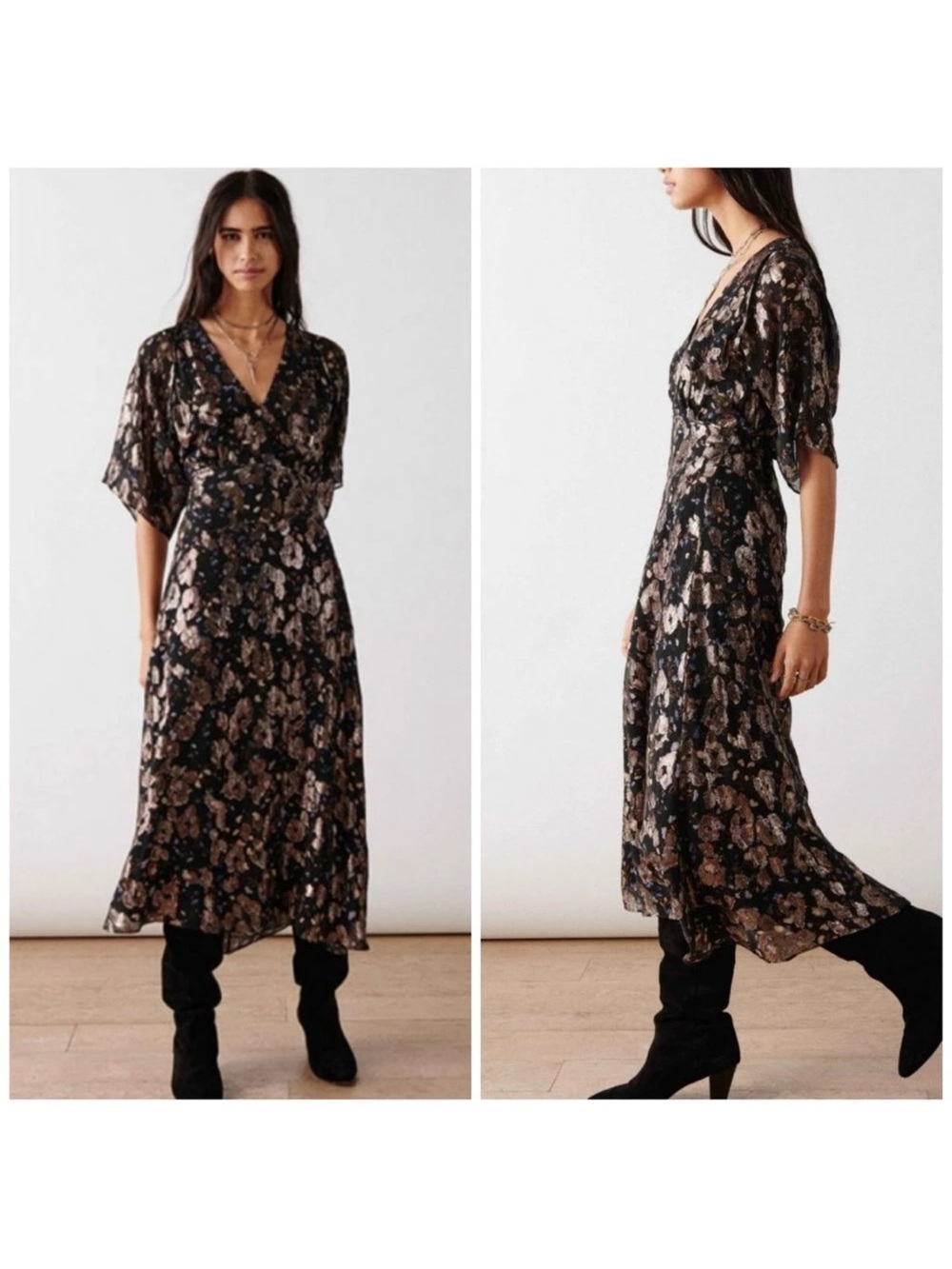 ba&sh Metallic Short Sleeve Silk Print Midi Dress $595 XS